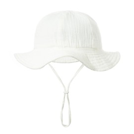 [RUNQIU] 【Cotton Baby Hat】Perfect for sunscreen! Flower pattern kids sun hat with adjustable drawstring, breathable, soft folding design, boys and girls will love kids hat, white