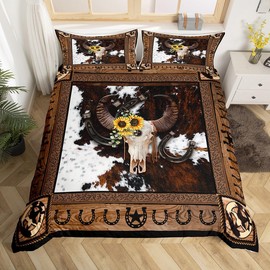 Cow Skull Kids Duvet Cover Set Queen Size,Western Cowboy Horseshoes Wooden Plank Bedding Set,Boys Girls Adults Room Decor,Cow Fur Rustic Retro Comforter Cover,White Brown Quilt Cover,2 Pillowcases