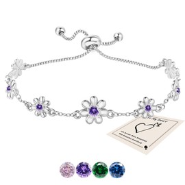 Silver Bracelets for Women,Dainty Flower Bracelet Adjustable Cute Daisy Charm Adjustable Sparkly Rhinestone Chain Bracelet Trendy Jewelry Gifts for Birthday Anniversary Christmas,Purple Stone