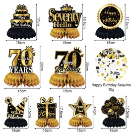 Aurasky 70th Birthday Table Decoration Black Gold, 9 Pieces Honeycomb Decoration Table Toppers Set with 10 g Happy Birthday Confetti Table Decoration for Decoration 70th Birthday 70th Year Old