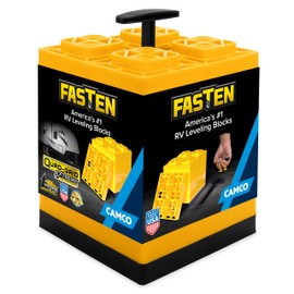 Camco Camco Fasten Camper/RV Leveling Blocks - Features Interlocking Design for Customizable Height - Carrying Handle Twists to Secure Blocks for RV Storage - 8.5 x 8.5 x 1, Yellow, 10-Pack (21022)