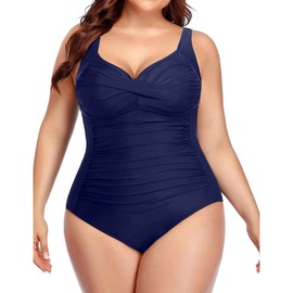 Yonique Traje de baño de una Pieza para Mujer, Talla Grande, Control de Abdomen, Traje de baño Fruncido Frontal, Azul Marino, 24 Plus