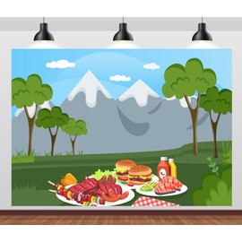 CORFOTO Summer Barbecue Backdrop 5x3ft Fabric Nature Forest Outdoor Dining Picnic Grill BBQ Background for Family Holiday Outdoor Cookout Themed Birthday Party Decorations Photo Booth Studio Prop
