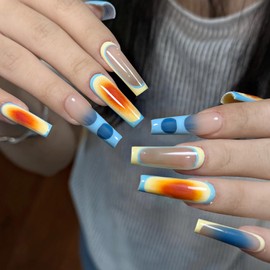 MISUD Press on Nails - Long Coffin Fake Nails with Blue Yellow, Acrylic Ombre French Tip Design 24 pcs