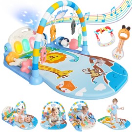 Baby Play Mat with Kick and Play Piano Gym, Funny Tummy Time Mat with Music and Lights, Baby Gyms & Playmats with 5 Infant Sensory Toys, Newborn Boy & Girl Gifts for 0 to 3 6 9 12 Months (Blue)