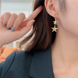 14k Gold Star Long Tassel Dangle Earrings Gold Silver Meteor Lucky Star Drop Earrings Hypoallergenic Lightweight Pentagram Earrings for Women Teen Girls, Zinc, copper