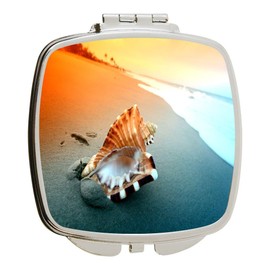 Island Gifting - 4 Inch Ceramic Tile Art - Shell on Sand Under Sunset Sky - Square Compact Mirror - Travel Mirror, Shellonsandu