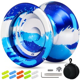 X8 Finger Spin Yoyo Professional Responsive Yoyo for Kids 8-12, Dual Purpose Trick Yo-yo Aluminum Metal Yo Yo with Case, Bearing Kit, 10 Strings - Blue Silver