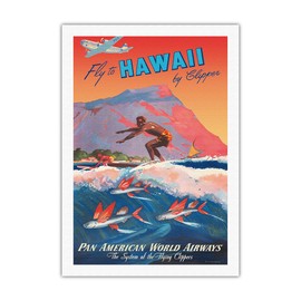 Fly to Hawaii by Clipper - Pan American World Airways - Hawaiian Surfer, Diamond Head Crater - Vintage Airline Travel Poster by Mark Von Arenburg c.1940s - Fine Art Rolled Canvas Print 27in x 40in