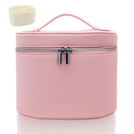 KJMYYXGS Leather Makeup Bag with Dividers Make Up Organizers with Compartments and Handle for Vanity Travel Makeup Countertop Case (pink)