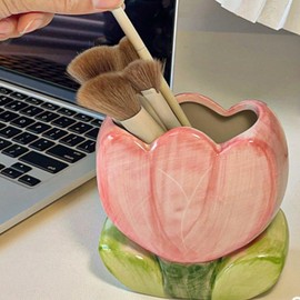Busnos Pen Holder for Office Desk Accessories Aesthetic Pink Makeup Brush Holder Pencil Holder Cute Tulips Home Decor Birthday Gifts for Women Vanity Toothbrush Holder Kawaii Kitchen Utensil Holder