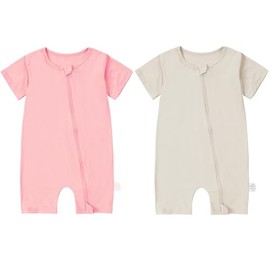 COOKY.D Unisex Baby Short Sleeve Bamboo Fiber Summer Romper Soft Neutral Comfortable Spring Boys Girls Jumpsuit Playsuit 0-3 Months 2 Pack,Pink&Apricot