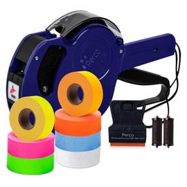 Perco Lite 1 Line Price Gun with Labels Kit - Includes 1 White Roll, 6 Multi-Colored Rolls, 2 Ink Rollers, 1 Ink roll and Labels Pre-Loaded