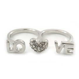 Avalaya Double Finger Diamante Love & Heart Ring/Rhodium Plated/Size 7&8