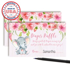 Amanda Creation Watercolor Dahlia Floral Elephant Diaper Raffle Tickets for Girl Baby Showers, 20 2" X 3” Double Sided Inserts, Bring a Pack of Diapers to Win Favors & Prizes!