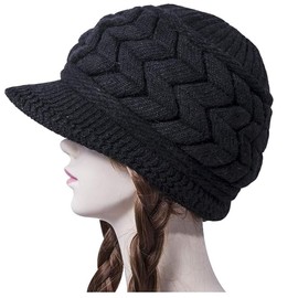 Aufondof Women Winter Knit Hat, Thick Warm Stylish Knit Beanie Hat, Soft Stretch Cute Beanie Cap with Warm Fleece Lined with Visor (Black)