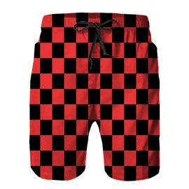 AIRMARK Mens Swim Trunks,Black and red Checkers Quick Dry Summer Board Beach Shorts with Mesh Lining and Pockets XL