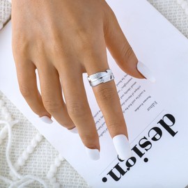 Sora Tuki Chunky Gold Rings for Women Adjustable Dainty Silver Rings for Women Gold Stackable Thin Rings Bold Thick Statement Rings Silver Gold Plated Jewelry (8_Silver Feather)