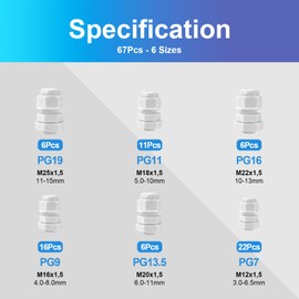67 Pcs Adjustable Cable Glands, IP68 Waterproof Adjustable 3-15mm Cable Connectors PG7 PG9 PG11 PG13.5 PG16 PG19 Plastic Nylon Cable Connectors Gland Joints Locknut Stuffing Glands White