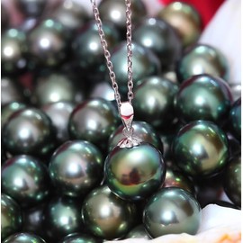 Tahitian Black Pearl Necklace,Quality Handpicked AAA Tahitian Black Pearls,925 Sterling Silver Chain 18K White gold Plated Necklace(9-10mm)