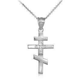 Religious Jewelry 925 Sterling Silver CZ Studded Russian Orthodox Cross Pendant Necklace, 18"