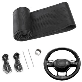 YUNZHISHIYE Universal Sewing Car Steering Wheel Cover, Car Accessories Interior, DIY Cowhide Car Steering Wheel Cover, Suitable for 37-39 Steering Wheel (Black Line in Middle Hole)
