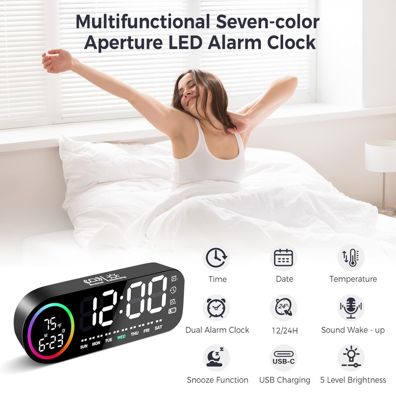 Vinabo Digital Alarm Clock with 7 Color Night Light, 4