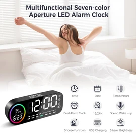 Vinabo Digital Alarm Clock with 7 Color Night Light, 4 Brightness Levels, Large LED Temperature Display, Voice Control, 12/24H, USB Port, Snooze, Power Off Memory (Black)