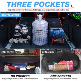 MICTUNING Trunk Cargo Organizer Storage Net - Heavy Duty Stretchable Cargo Net for Car, SUV, Pickup Truck Bed - Black Mesh with Four Metal Carabiners