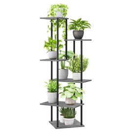 JEPRECO Plant Stand Indoor 6-Tier Metal Wood Plant Shelf for Multiple Flower Pots Corner Tall Flower Holders for Living Room Balcony Bedroom, Oak Grey