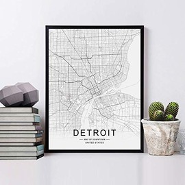 Detroit City Downtown Map Wall Art Detroit Street Map Print Detroit Map Decor City Road Art Black and White City Map Office Wall Hanging 8x10 inch No Frame