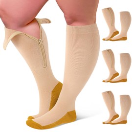 Hillban 3 Pairs Wide Plus Size Zipper Compression Socks for Women Men 15-20mmhg Knee High Support Socks for Running Athletic(Nude,4X-Large)