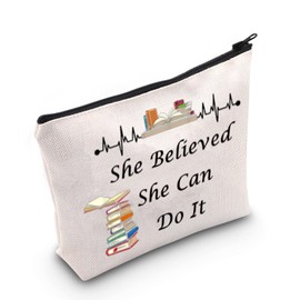 LEVLO Book Lover Cosmetic Make Up Bag Book Reader Gifts She Believed She Can Do It Makeup Zipper Pouch Bag For Writers Author Student Librarian, Book Lover Bag
