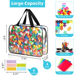 4 Pack Toy Storage Bags, Clear PVC Toy Organizer Bags with Zipper, Large Black Waterproof Reusable Toy Bags with Labels for Puzzles, Building Blocks, Board Game, Stationery, Kids Books