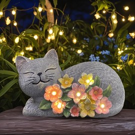 LEAESMHR Solar Cat Outdoor Statue, Resin Solar Cat Lights with Flower for Outside, Garden Cats Figurine for Lawn Porch Yard Art - Birthday Gifts for Mom Grandma Women