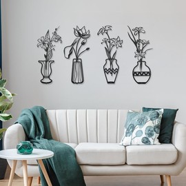 DIBALIYI 4 Pieces Metal Wall Decoration Black Flowers Wall Decoration Wall Pictures, Flower and Vase Decoration Living Room, Minimalist Wall Art for Bedroom, Living Room, Hotels, Hallways, Flowers