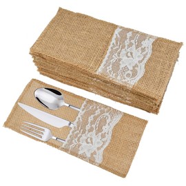TIMESETL Pack of 40 Jute Cutlery Bags, Hessian Cutlery Holder, Vintage Cutlery Bags with Lace Wedding Decoration Table Decoration for Wedding Party Restaurant