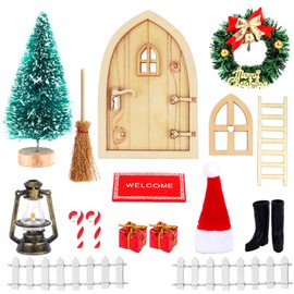 HOWAF 15 Pcs Christmas Ornaments Dollhouse Miniature Christmas Tree Mini Wooden Fairy Door Elf Door Window Christmas Wreath Broom Lamp Garden Tools for Xmas DIY Crafts Miniature Christmas Decorations