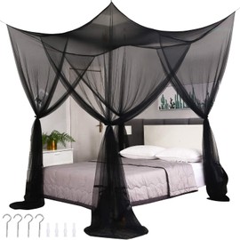 HomeChi Mosquitera para Cama Doble a tamaño King con Cortinas Colgantes y 4 Aberturas - Mosquitera Cuadrada con Malla Fina y Trabillas para habitación de niñas, Negro