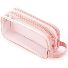 Clear Pencil Case for Exams, Large Capacity Transparent Mesh Exam Pencil Case with 2 Compartments and Zipper, Big Pen Pouch Bag Stationery Storage Organizer for School College Home Office Travel, Pink