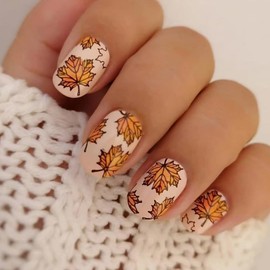 24Pcs Fall Press on Nails Short Maple Leaf Square Fake Nails Stick on Nails Fall Autumn Leaf Pattern Designs Thanksgiving Day Artificial Nails Glossy Glue on Nails for Women Girls Autumn Nail Decor