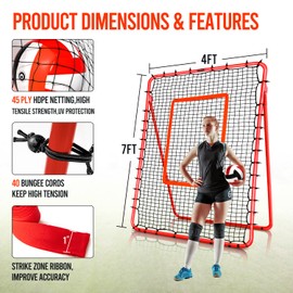Portable Volleyball Rebounder Net - 5 Angle Adjustable Rebounder Net for Hitting, Setting, and Serving,7x4FT Foldable Volleyball Training Equipment with 4 Stakes,24 Bungees for Solo or Team Training