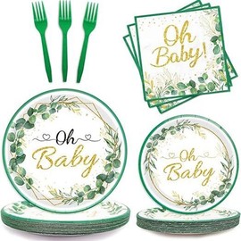 LASLU 96 Pcs Sage Greenery Oh Baby Party Plates Napkins Forks Supplies Tableware Set Eucalyptus Leaf Gold Theme Decoration for Boy Girl Birthday Party or Baby Shower, Serves 24 Guests (Oh Baby)