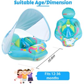 Baby Swimming Ring with Removable Sun Canopy, Swimming Aid Adjustable Shoulder Straps, Swimming Trainer, with Inflatable Swimming Float for 3-36 Months and Above