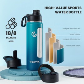 COKTIK Insulated Stainless Steel Water Bottle With Straw Lid, 22 oz Wide Mouth Double Wall Vacuum Insulated Water Bottle Leakproof Lightweight for Hiking, Biking, Running(Dark Night)