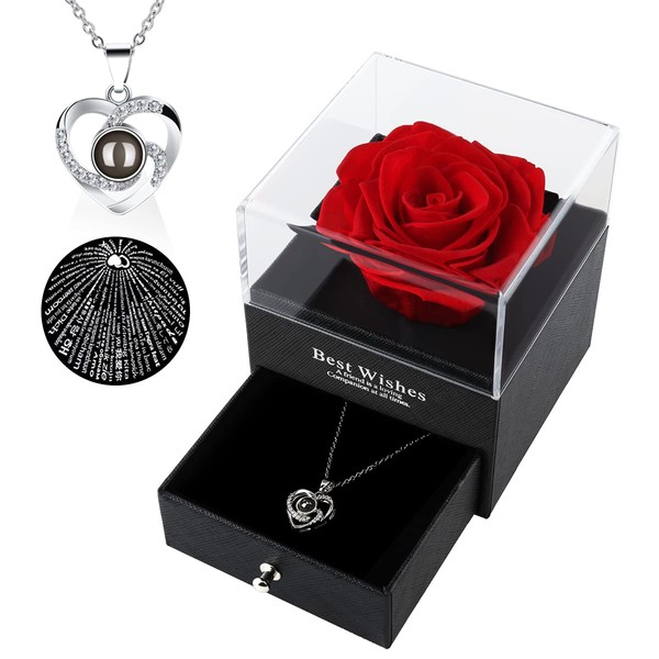 LOVCAS Valentine's Day Women Gifts Preserved Enchanted Real Red Rose in Box, Eternal Rose Gift Box with 100 Languages Necklace Gift Set, Gift for Her on Birthday Wedding Anniversary Mother's Day