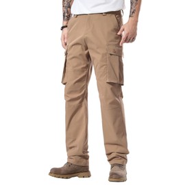 Plaid&Plain Men's Cargo Pants Loose Straight Fit with Multi-Pocket and Oversized Belt Loops LSC015 Khaki 30WX32L