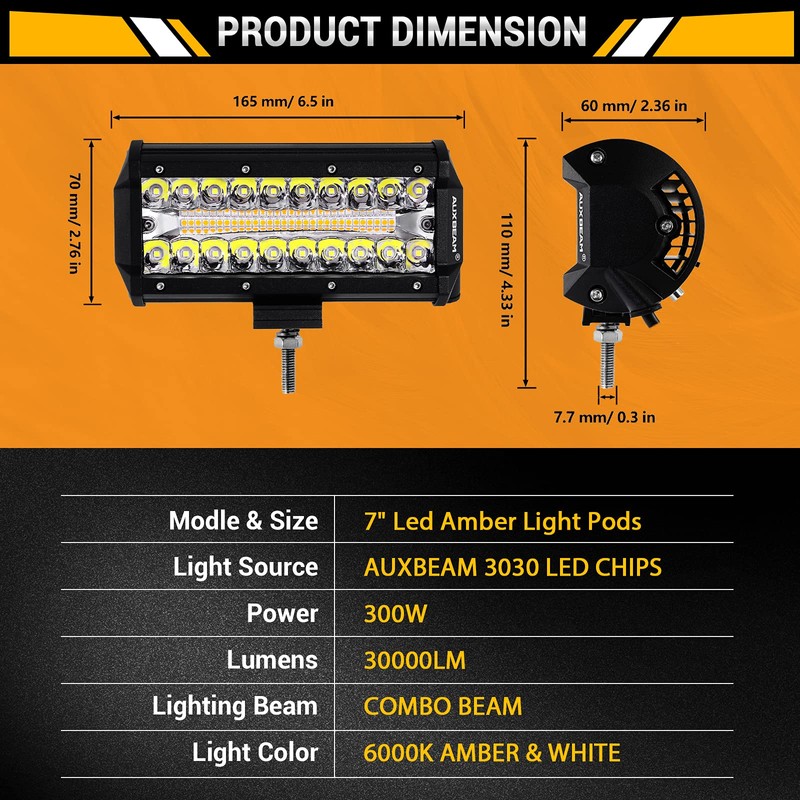 Auxbeam 7 Inch LED Light Bar, 300W 6 Modes Amber
