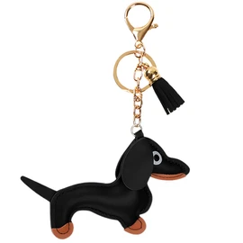 WeddHuis 1 x Dachshund Keyring Cute Puppy Dog Bag Pendant Leather Lucky Charm Gifts for Favourite Person Women Men Children Birthday Key Ring (Black)