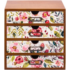 4-Drawer Vintage Desk Organizer in Floral Design - Wooden Storage Drawers for Tabletop - Vintage Style Desktop Organizing Cabinet with 4 Drawers - Office Study Table Wood Storage Box Organizer